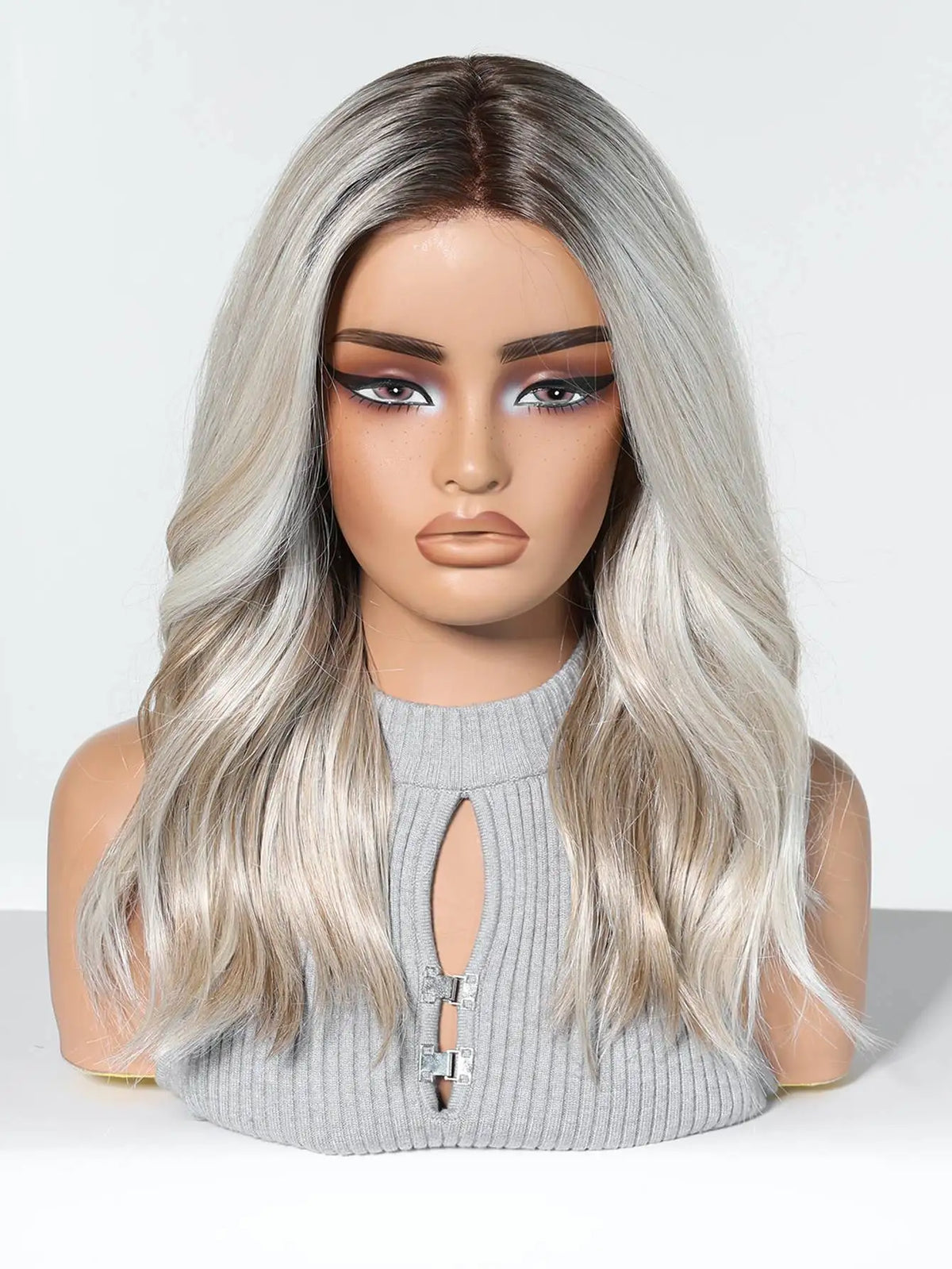 Dark Root Silver Blonde Wavy Lace Front Wig for Women