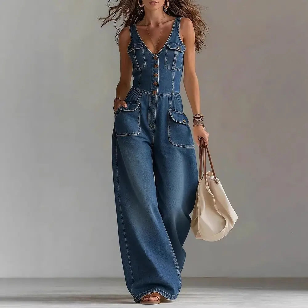 High Waist Button Front Wide Leg Jumpsuit for Women