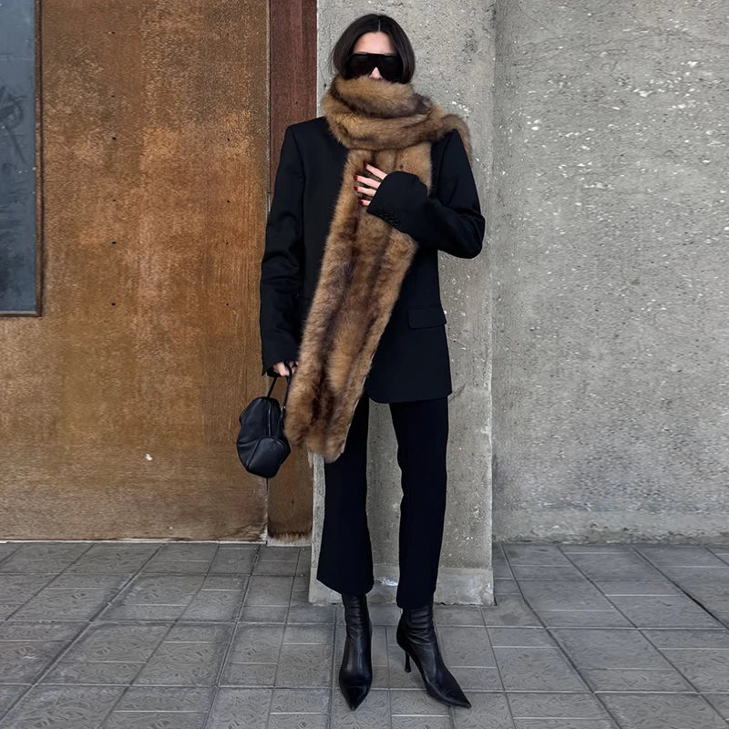 Long Thick Plush Faux Fur Scarf With Fringe for Women