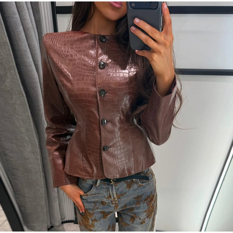 Slim Fit Single Breasted Faux Leather Jacket for Women
