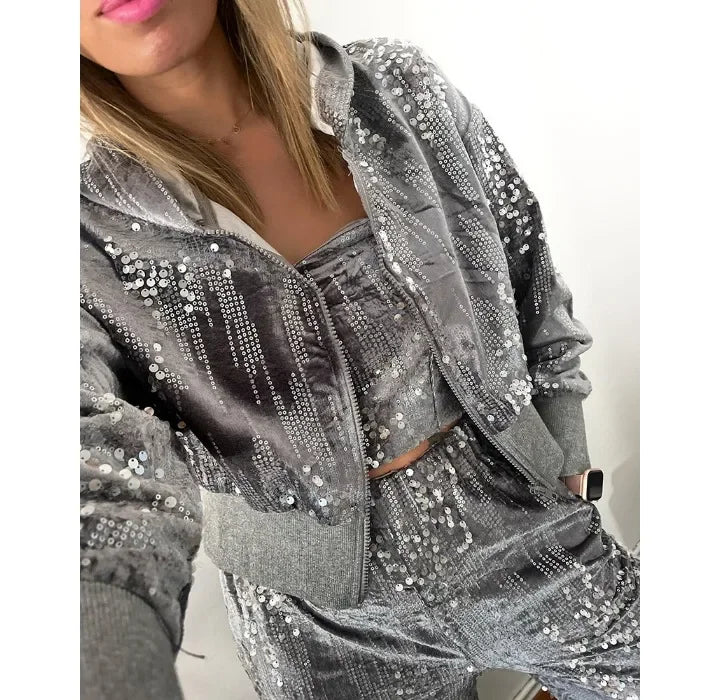 Fashion Sequin Jacket Women Clothing Hooded Y2k Casual Velvet Contrast Daily Long Sleeve Zip Up Coats for Female Streetwear