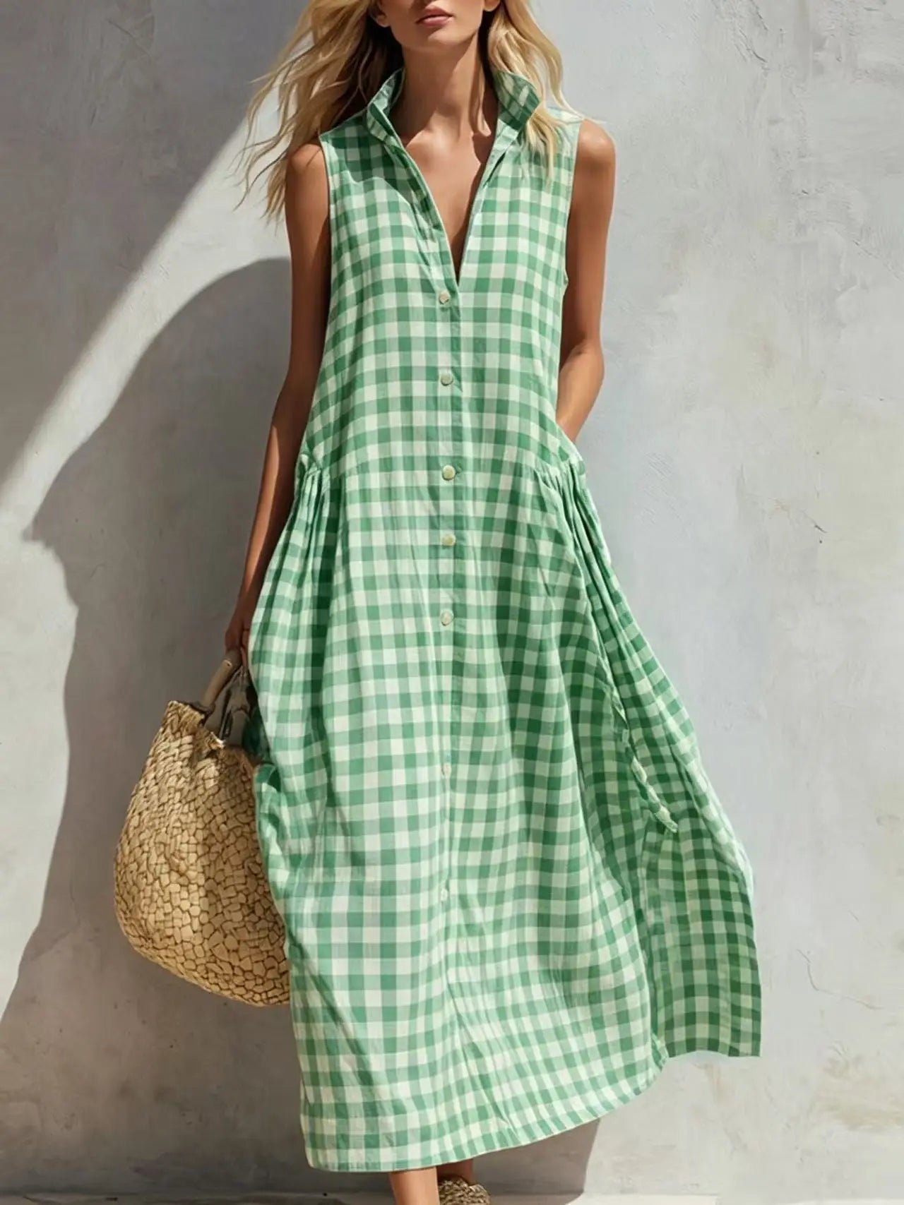 Loose Plaid Sleeveless Single Breasted Maxi Dress for Women