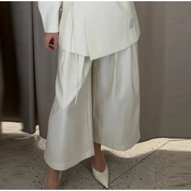 Lace Up Jacket and Wide Leg Pants Suit Set for Women