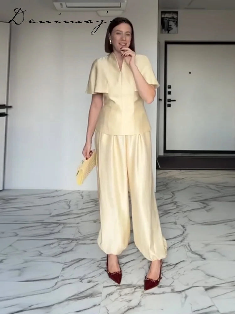 Casual V-Neck Top and Wide-Leg Pants Set for Women