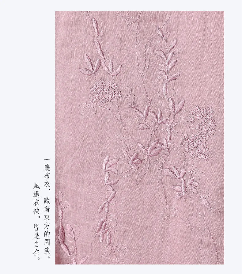 Elegant Embroidered Ramie Linen Knee Length Dress for Women