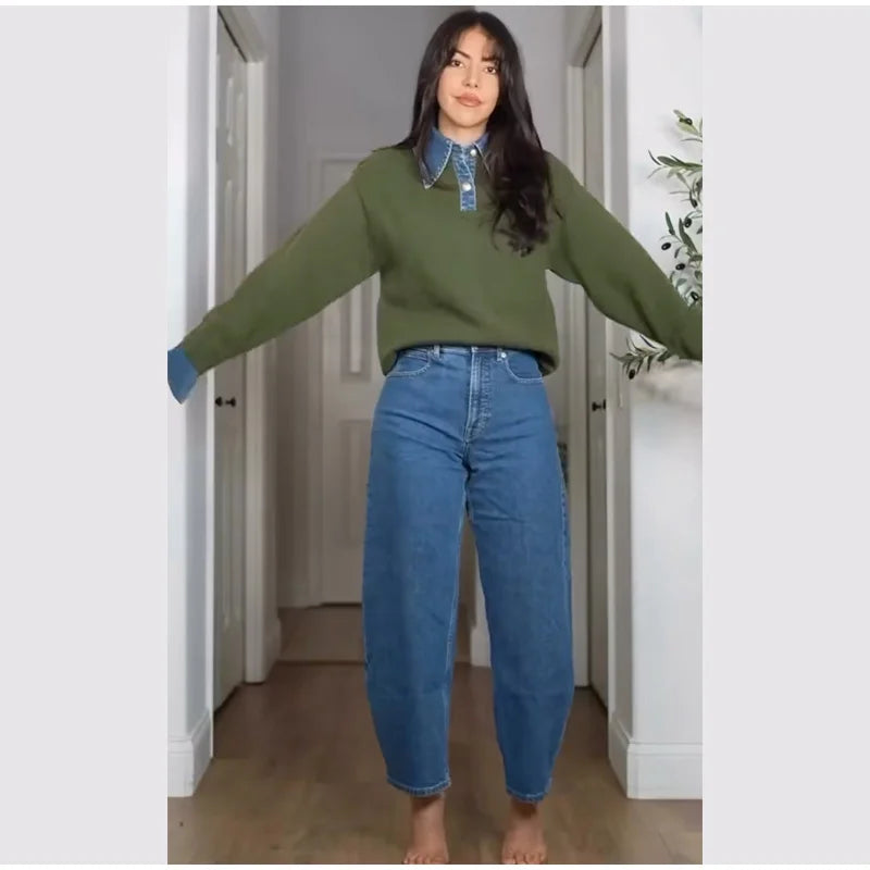 Long Sleeve Denim Collar Half Button Knit Top For Women