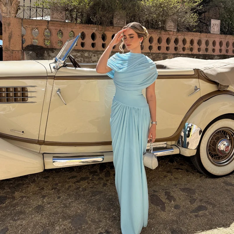 Blue Pleated Shawl Maxi Dress Women Elegant Short Sleeve Slim Fit Evening Party Robe 2025 Autumn Summer Chic Solid New Vestidos