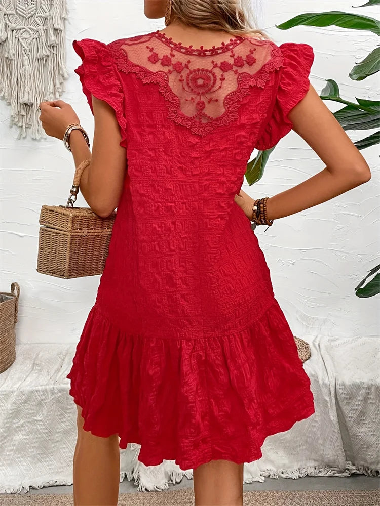 Fashion Summer Dresses Lace Loose 2024 Spring Summer Elegant Casual Round Neck Ruffle Trimmed Decorated Dress Vestido Female
