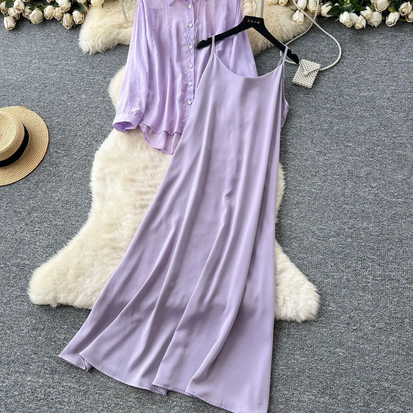 Elegant Long Sleeve Turn Down Collar Solid Color Two Piece Set for Women