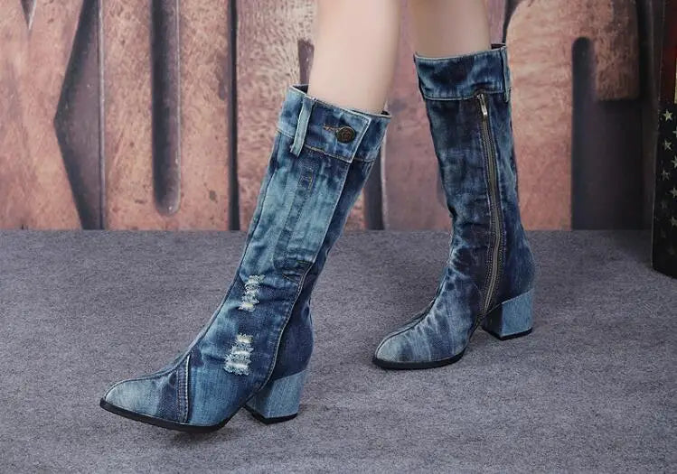 Vintage Square Heel Mid-Calf Boots With Zipper For Women