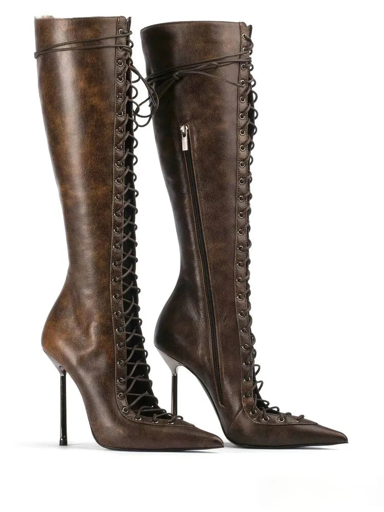 Lace Up Knee High Heeled Boots With Side Zipper for Women