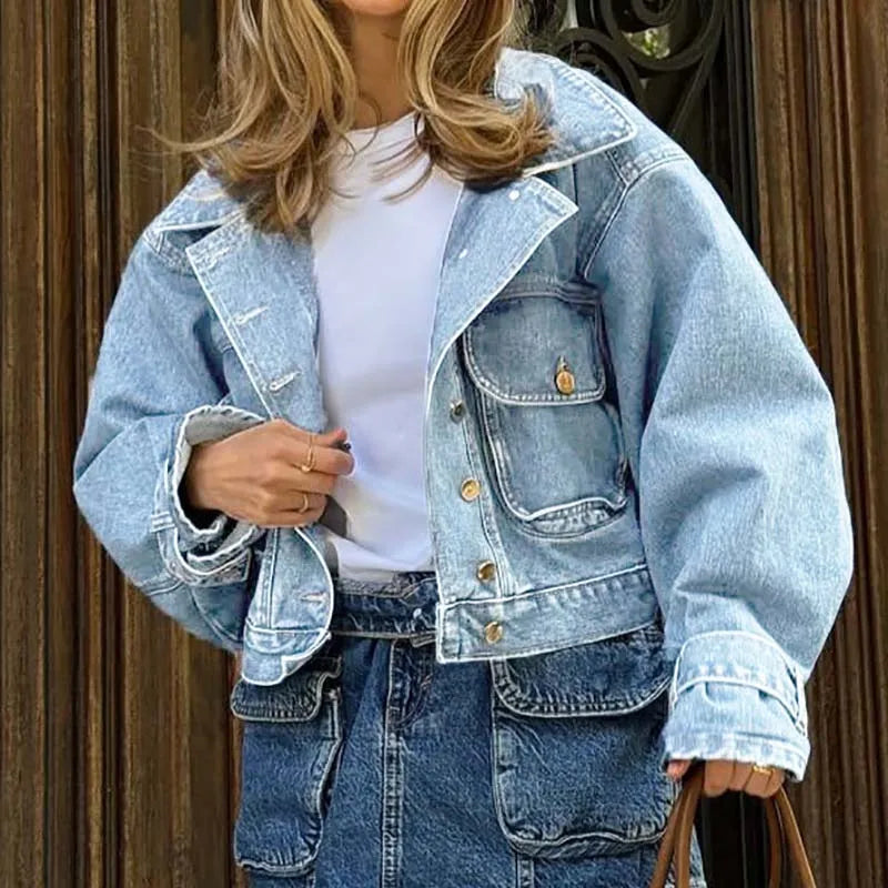 Office Lady Lapel Long Sleeved Jacket Fashion Street Single Breasted Pocket Short Outwear Autumn Winter Women Casual Denim Coat