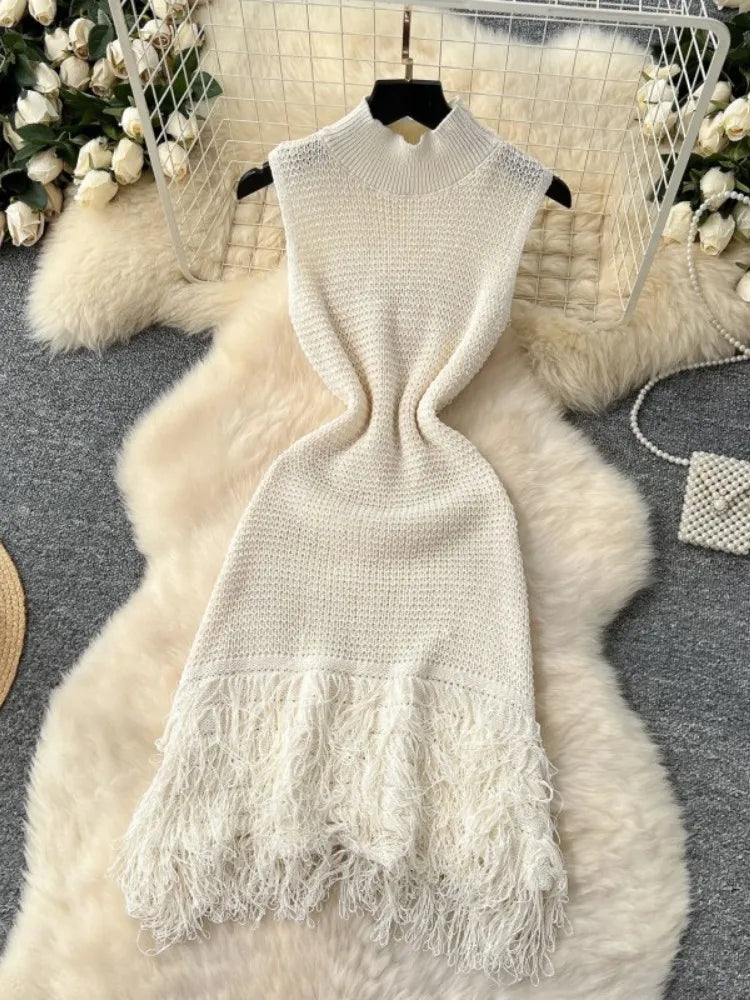 Elegant Round Neck Sleeveless Tassel Hem Bodycon Mini Knitted Dress for Women