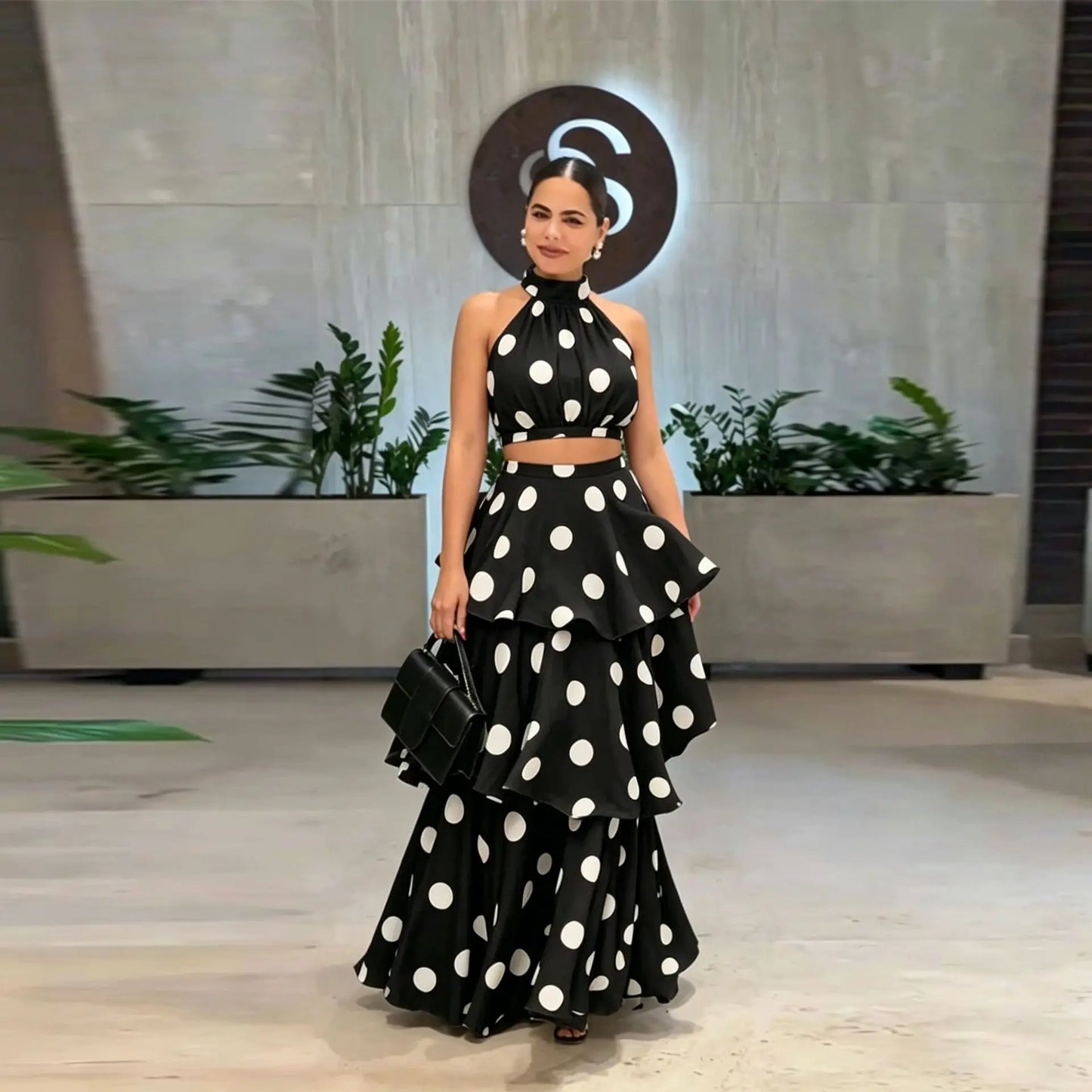 Polka Dot Sleeveless Pleated Two Piece Dress Set for Women
