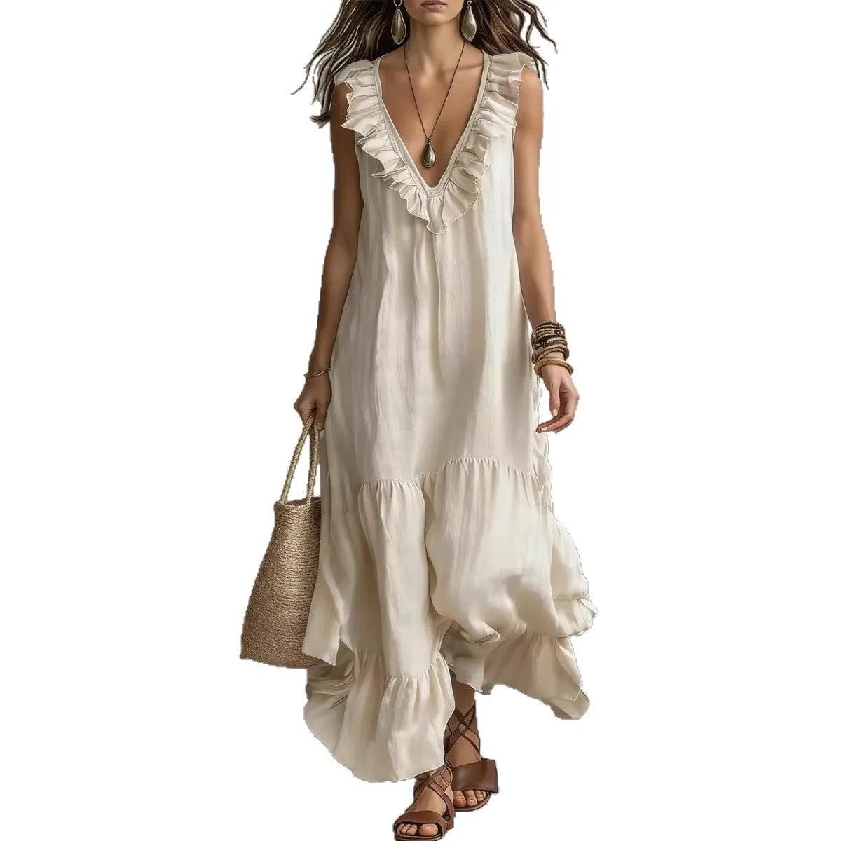 Spaghetti Strap V Neck Ruffle Trim Tiered Loose Flowy Maxi Dress for Women
