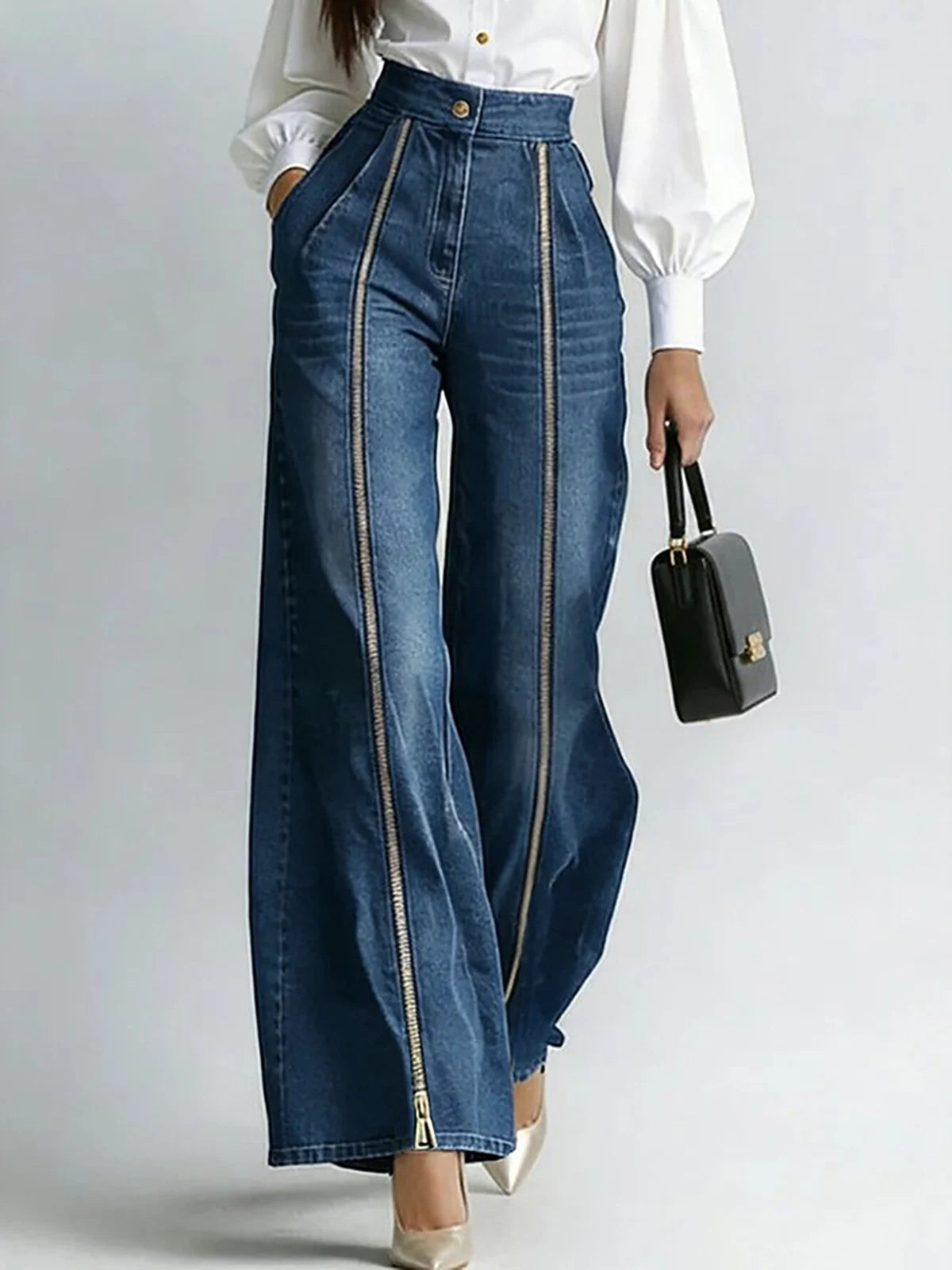 Vintage High Waist Wide Leg Flared Denim Jeans For Women