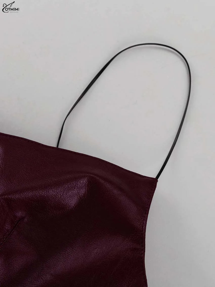 Oymimi Fashion Wine Red Pu Leather Women's Two Pieces Set Elegant Long Sleeve Button Shirts And Spaghetti Strap Mini Dress Sets