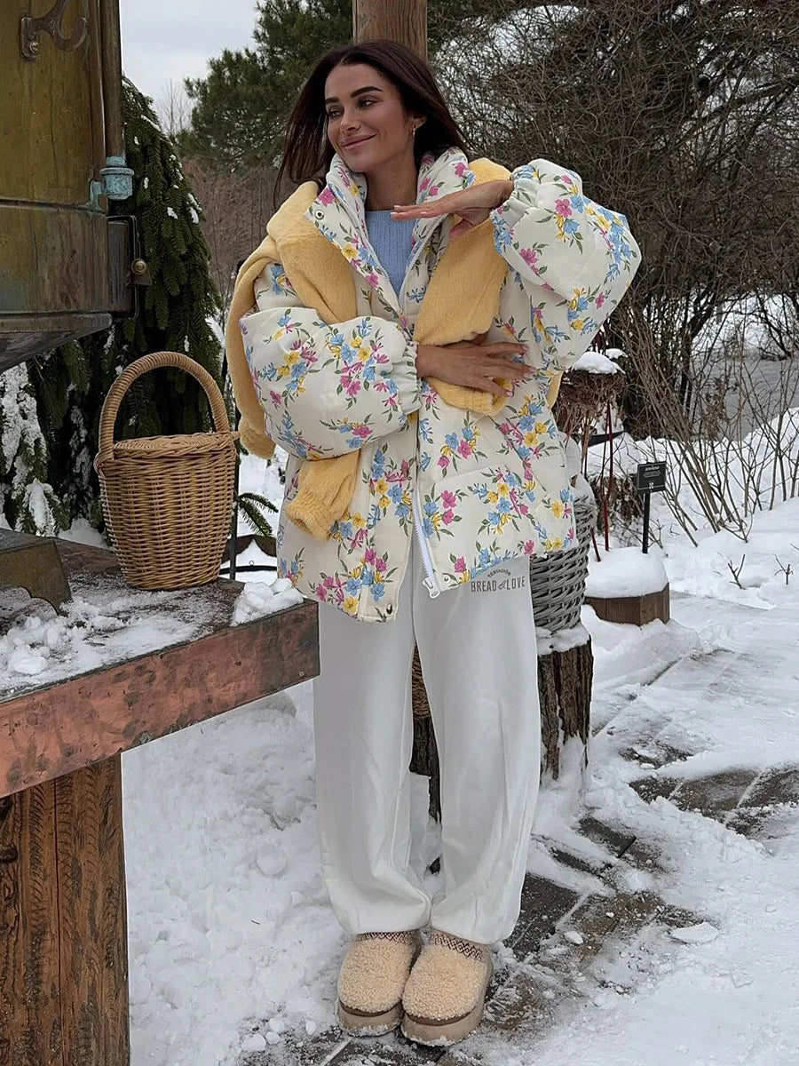 Floral Print Oversized Stand Collar Puffer Jacket For Women