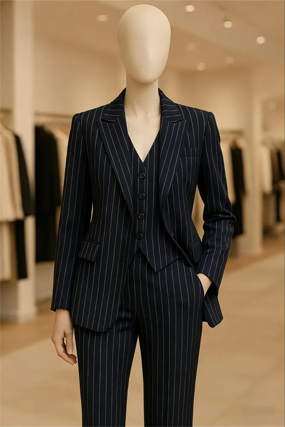 Dark Navy Blue Pinstripe Women's Pinstripe Women's Suit 3 Pcs Elegant Business Party Wear Chic Office Wear (Blazer+Vest+Trousers