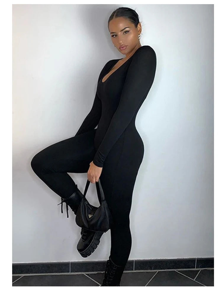 Spring Summer New Women's Long Sleeve Solid Color Skinny Jumpsuit Fashion Sports Fitness Pullover Casual Wear
