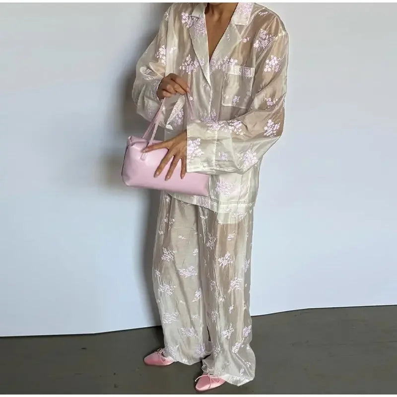 Sheer Casual Shirt and Wide Leg Pants Set for Women