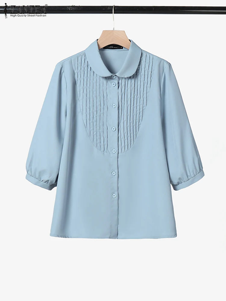 ZANZEA Women Vintage Pintuck Shirts Casual Turn-Down Collar Half Puff Sleeve Button Up Chemises Femme Street Fashion Solid Tops