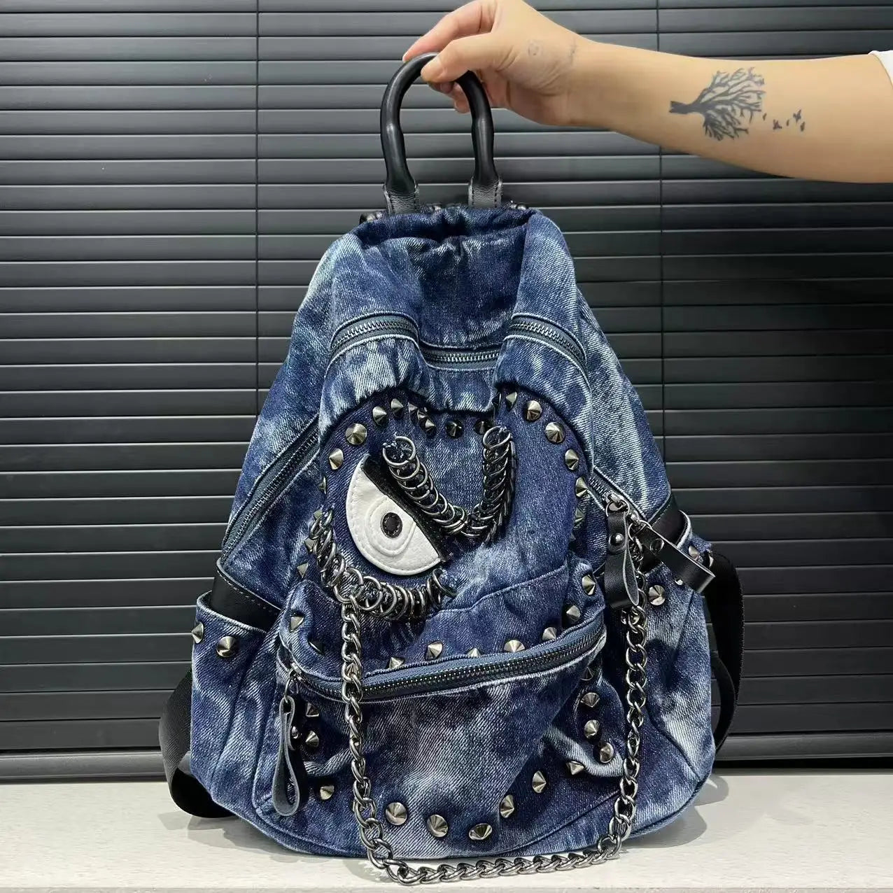 Steampunk Denim Backpack with Chain Details for Women