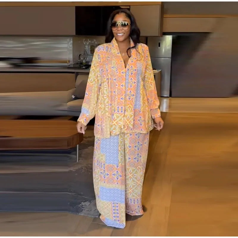 Casual Print Long Sleeve V-Neck Top Wide-Leg Trousers Two-Piece Set for Women