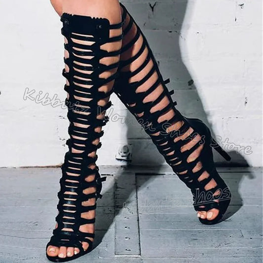 Cross Strap Sandals Knee High Solid Color Round Toe Thin Heels Back Zipper Fashion Luxury Elegant Concise Sexy Women Shoes New