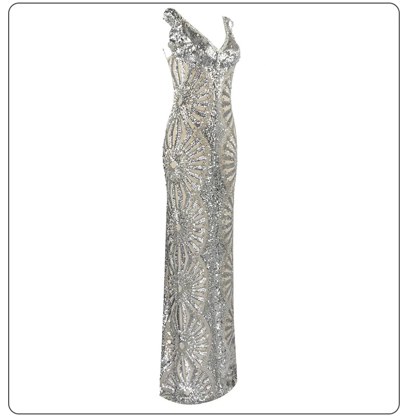 Sequined Ruffle Maxi Slip Dress with V Neck for Women