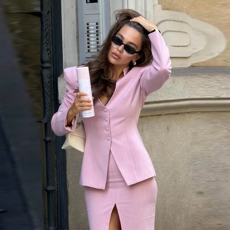 Elegant Striped V Neck Blazer Skirt Set With Long Sleeve Button Top for Women