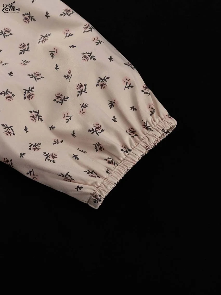 Oymimi Casual Apricot Print 2 Pieces Set For Woman Elegant Long Sleeve Button Ruffled Shirts And High Waist Side Slit Skirts Set