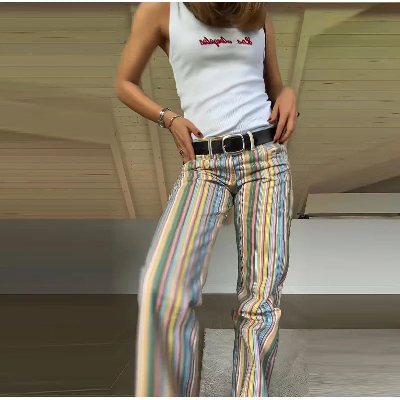 Color Block Rainbow Stripe Wide Leg Jeans for Women