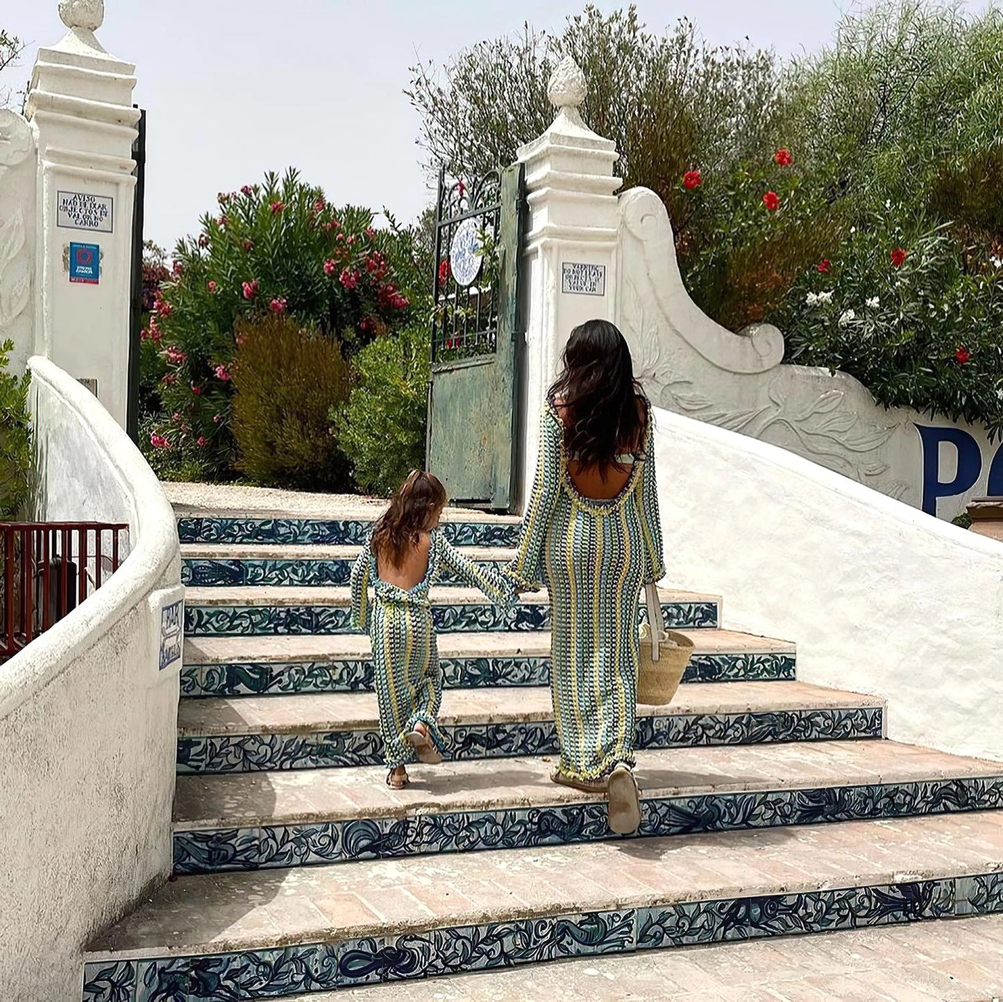 Sexy Backless Flare Sleeve Lace Knit Cut Out Party Beach Maxi Dress 2025 Summer Women Vacation Beachwear Swimsuit Cover Up A2815