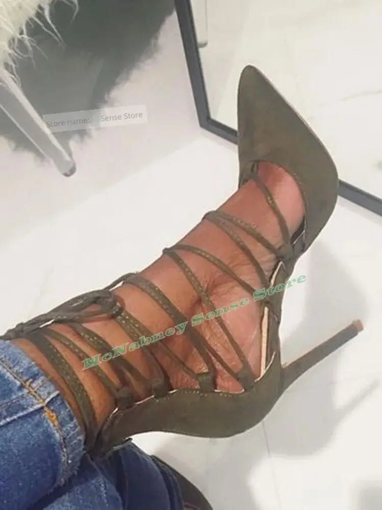 Lace Up Cross Tie Suede Pointed Heeled Sandals For Women