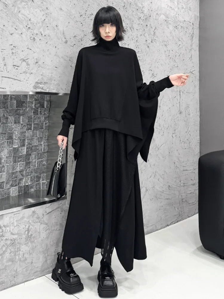 [EAM] Black Sweatshirt Half-body Skirt Two Pieces Suit New Turtleneck Long Sleeve Women Fashion Tide Spring Autumn 2025 1DH8611