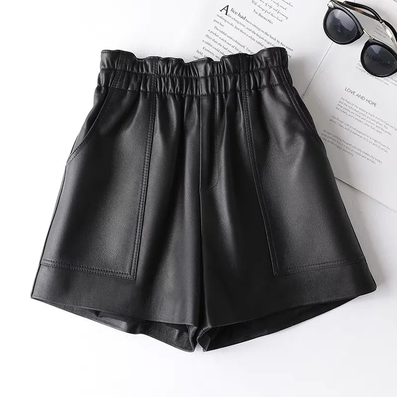 Genien Leather Shorts For Women 2025 New Fashion Elestic High Waist Short Pants Female Streetwear Shorts Casual Style