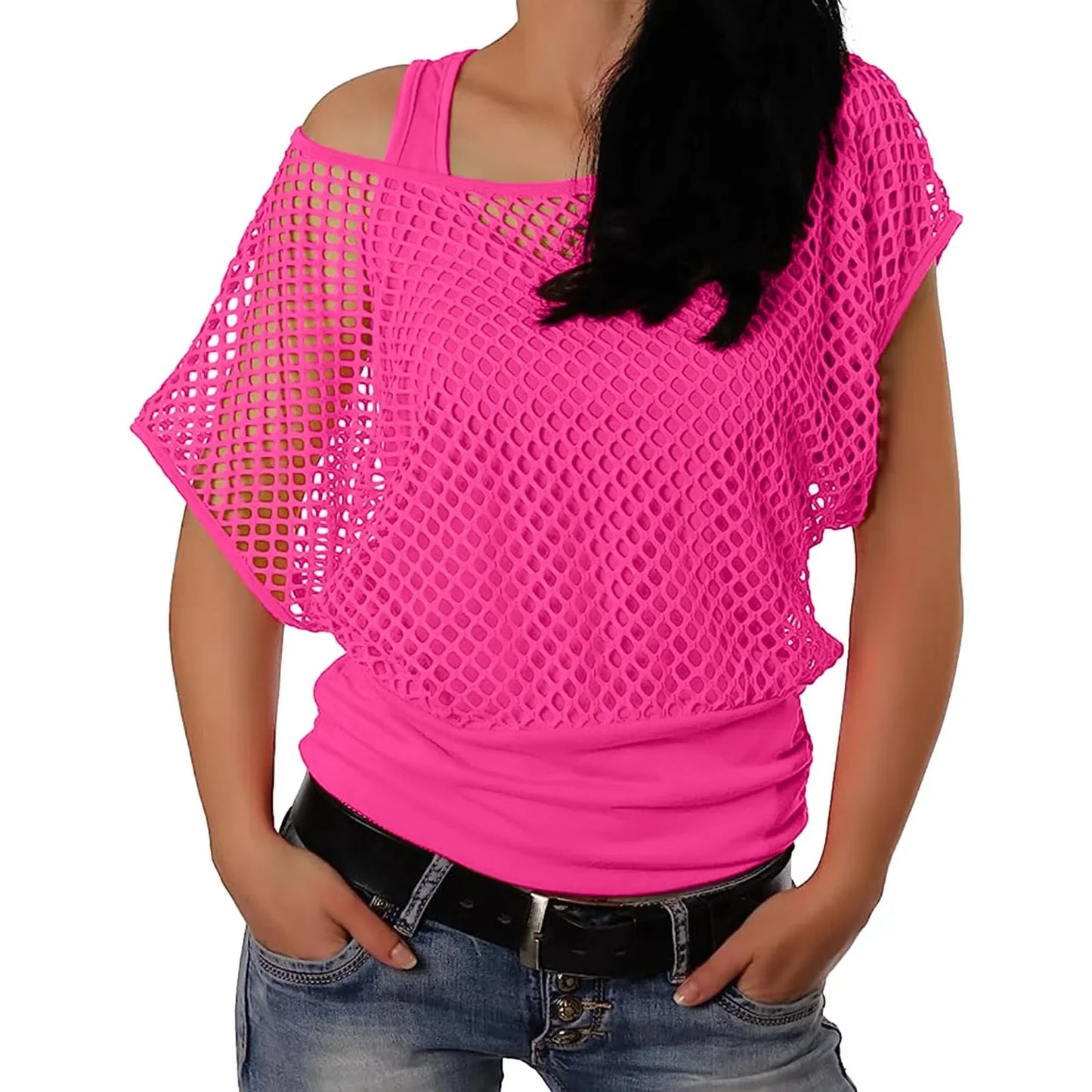 Vintage Neon Fishnet Short Sleeve Off Shoulder Top for Women