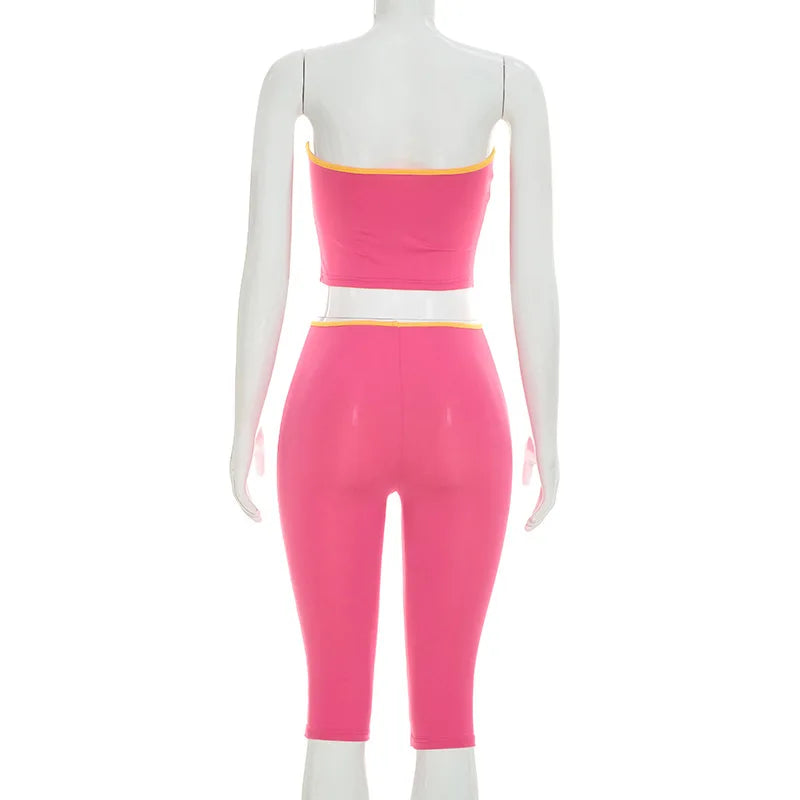 Rose Red Patchwork Lace-Up Two Piece Set for Women