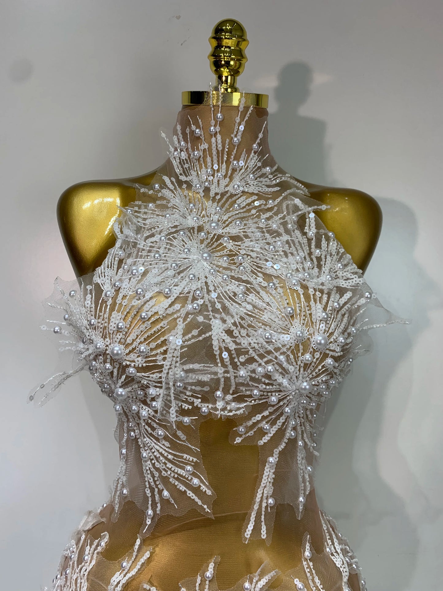 Women Sexy Mesh See Through Pearl Lace Party Mini Dress Celebrate Birthday Photo Shoot Wear Performance Stage Costume