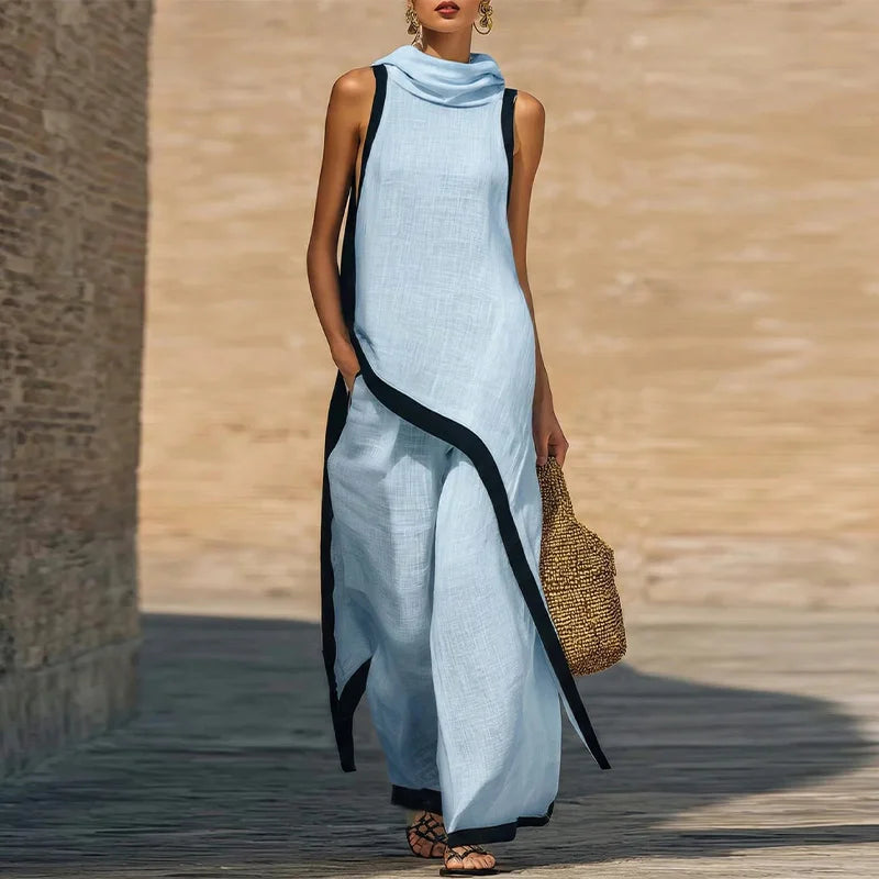 Casual Solid Blouse and Wide Leg Trousers for Women