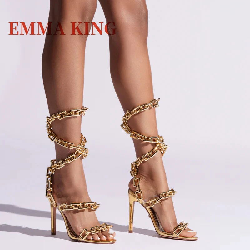 Gold Chain Straps Ankle Wrap Extra High Thin Heel Sandals for Women