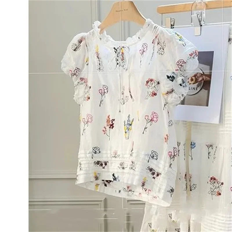 Floral Print Puff Sleeve Blouse and Patchwork Midi Skirt Two Piece Set for Women