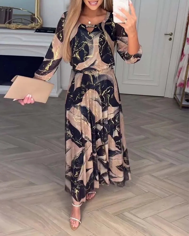 Elegant Cinched Waist Printed Long Dress for Women