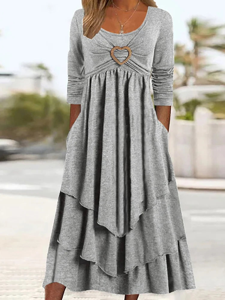 Long Sleeve Patchwork Midi Dress With Pockets for Women