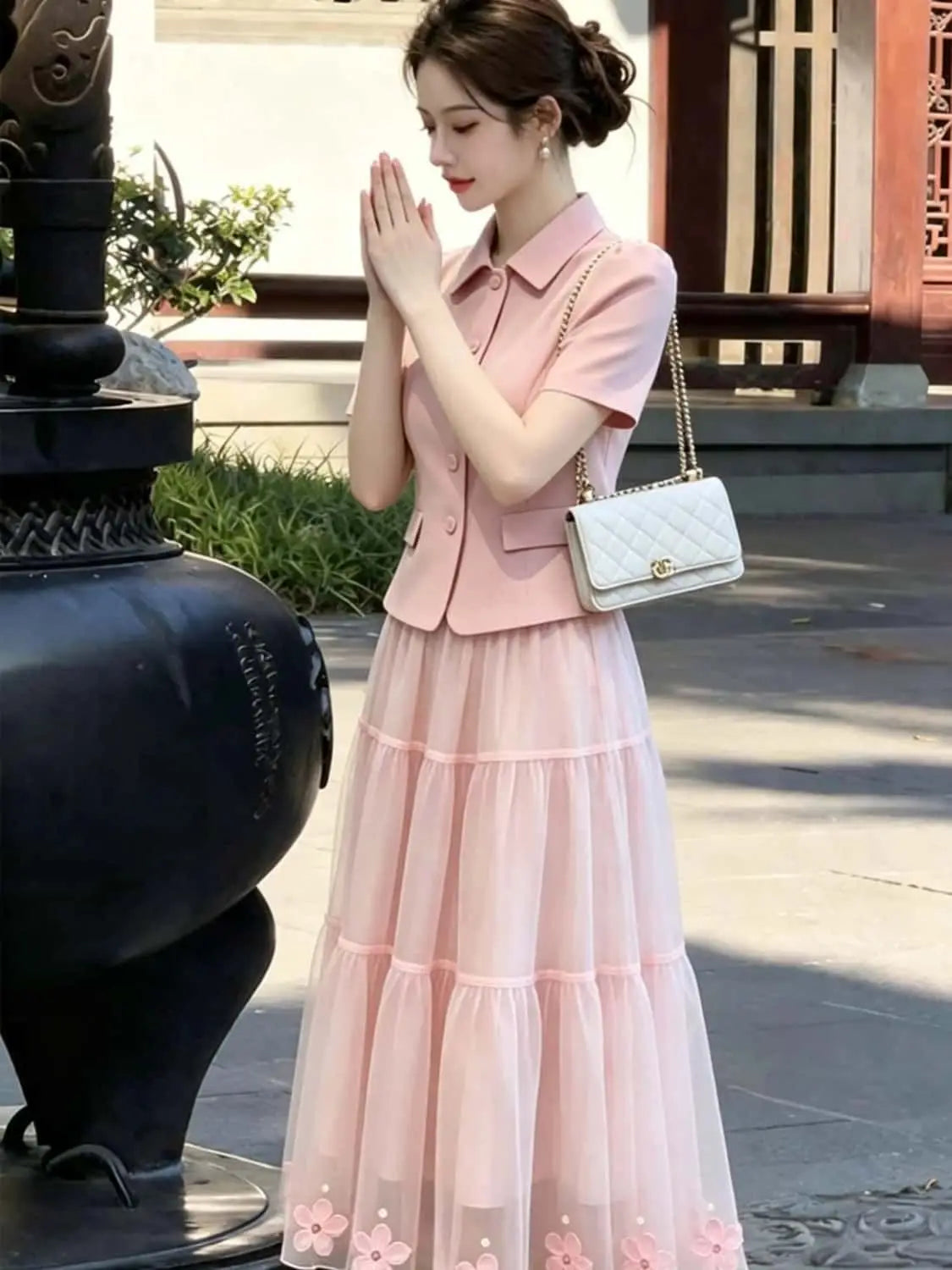 Elegant Pink Two Piece Blazer and Skirt Set for Women