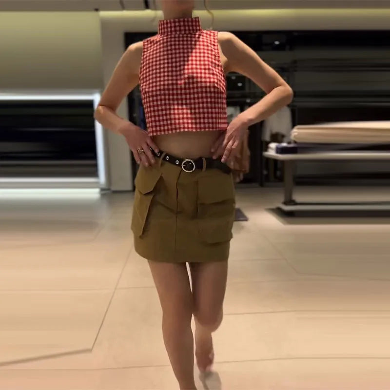 Casual Plaid Vest And Pleated Pants Set Beachwear for Women