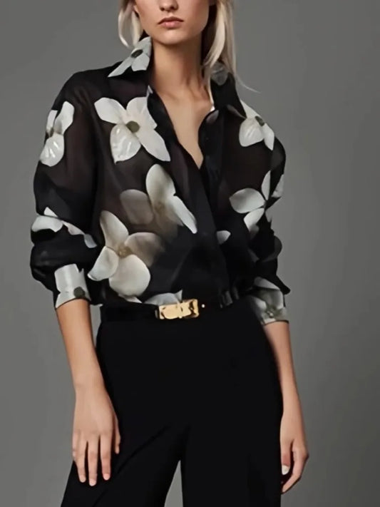 Beauty Blue Women's Elegant Blouses&shirts Floral Printed Tops Casual Long Sleeves Button Chic Loose Female Lapel Office Shirts