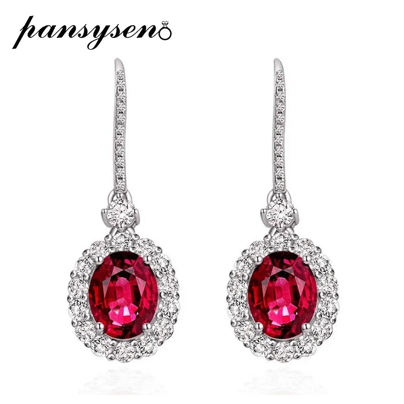 Drop Earrings With Oval Cut Ruby And Sapphire Stones In Sterling Silver 925, Vintage Style