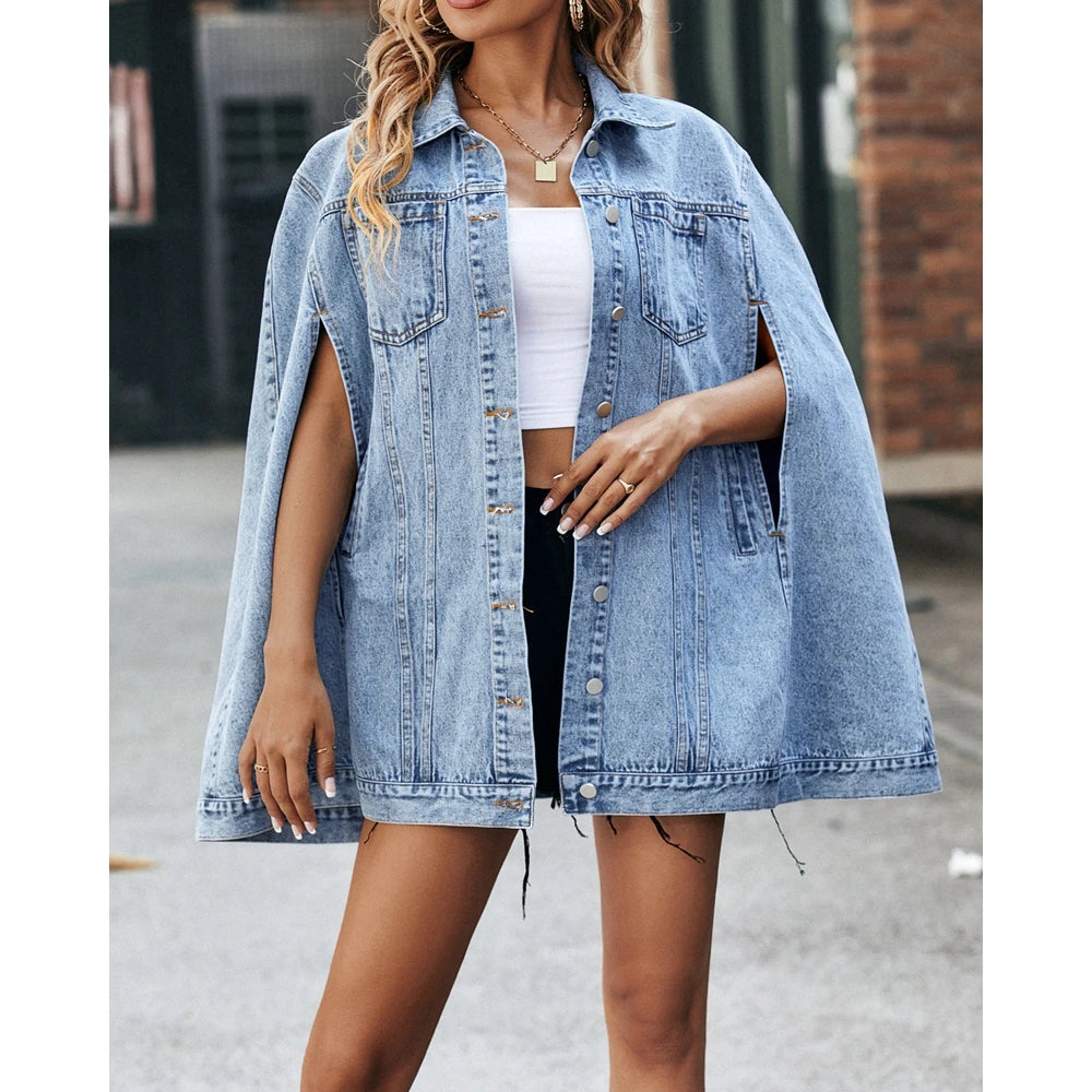 Elegant Women Buttoned Turn-down Collar Denim Coat Femme Fashion Cut Out Sleeveless Pocket Design Loose Jackets Autumn Outfits